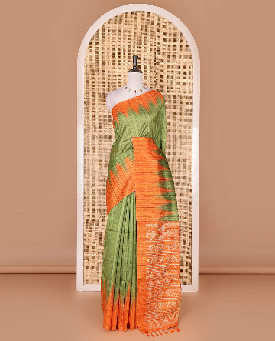 Parrot green full plain katan silk saree, contrast temple border, odisha style printed pallu, and contrast plain blouse