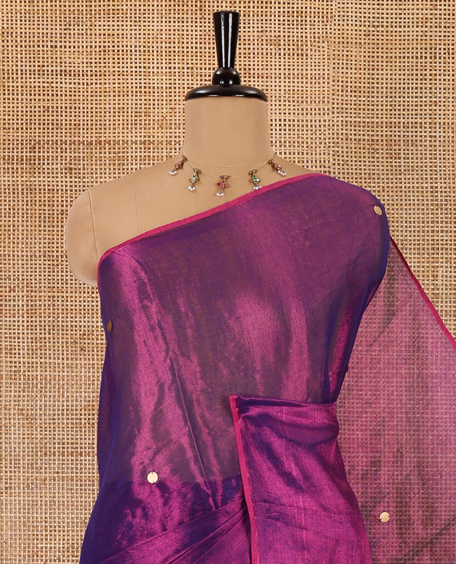 Borderless violet mirror work khadi tissue saree, mirror work pallu, and a matching blouse