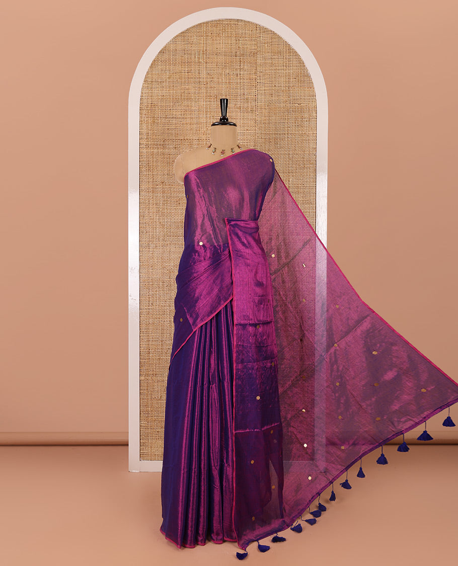 Borderless violet mirror work khadi tissue saree, mirror work pallu, and a matching blouse