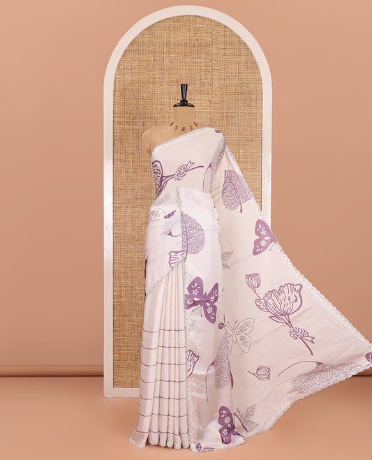 Cream and lavender floral, butterflies and horizontal striped printed satin crepe saree, stone work scallop border, and a contrast printed stone work blouse