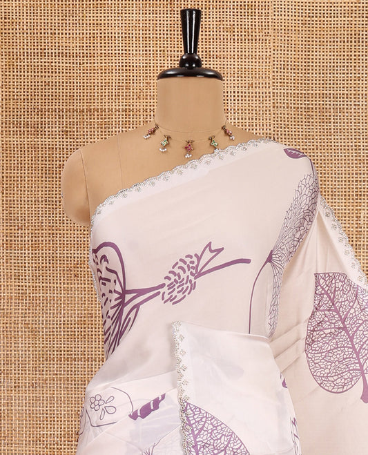 Cream and lavender floral, butterflies and horizontal striped printed satin crepe saree, stone work scallop border, and a contrast printed stone work blouse