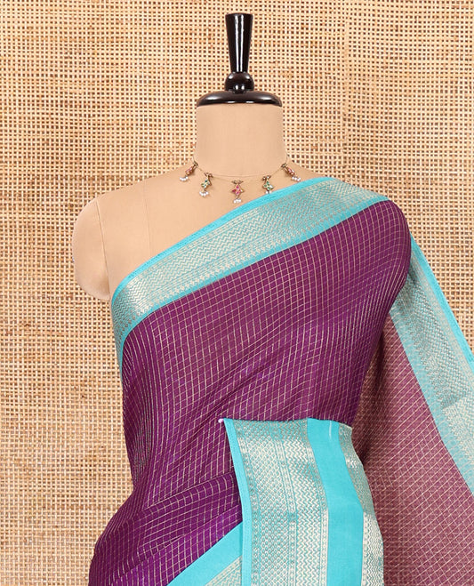 Purple checked moss chiffon saree with contrast traditional zari design border, checked pallu, and a contrast zari design blouse