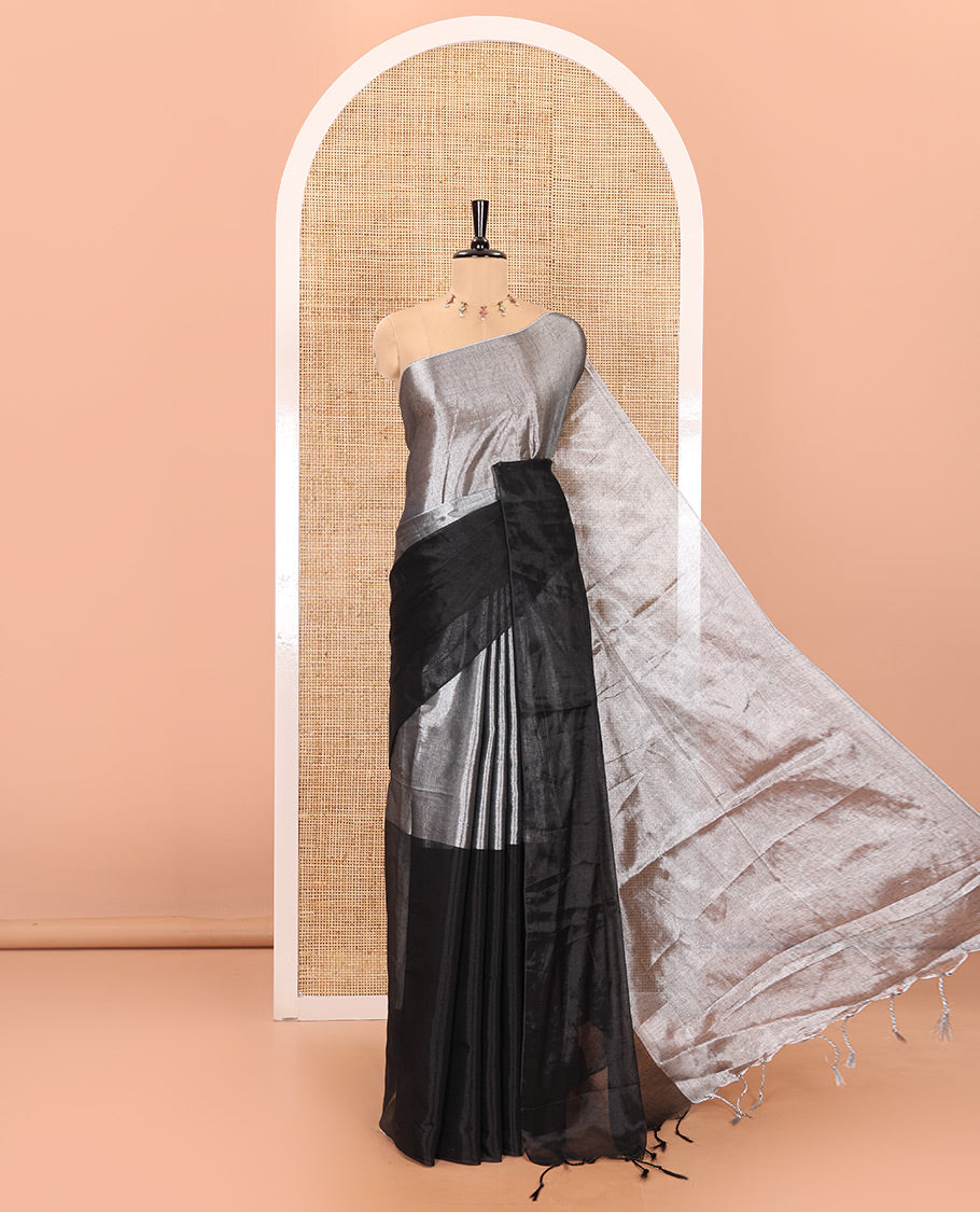 Silver and black half-and-half plain khadi tissue saree with a self-pallu and a matching blouse