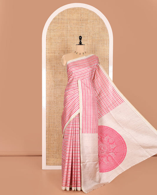 Pink Semi-Tussar Saree Featuring Horizontal Stripe Prints, Accentuated by a Subtle Resham Thread Temple-Designed Border, with a Pallu Highlighted by Intricate Circular Motifs, Paired with a Contrast Bandhani Blouse