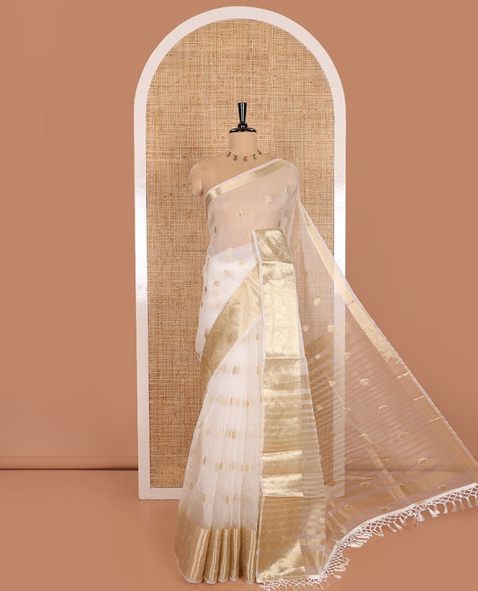 Half-white zari butta semi-organza saree, traditional zari design border of floral creeper designs, zari striped pallu, and a matching blouse