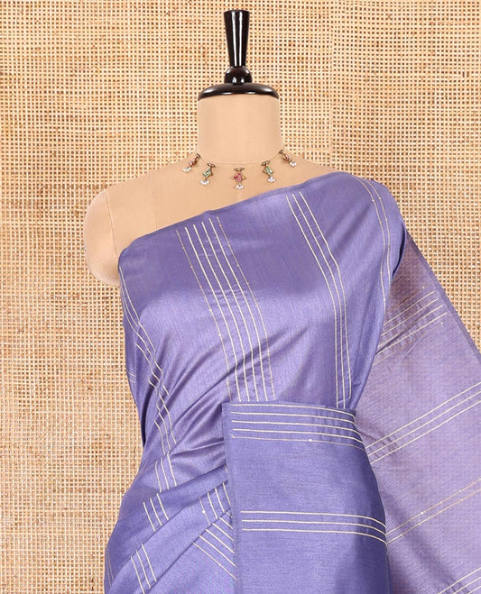 Borderless Lavender Semi-Raw Silk Saree Featuring Elegant Vertical Sequin Stripes Running Across the Body, Complemented by a Contrast Thread-Work Pallu and Paired with a Contrast Blouse