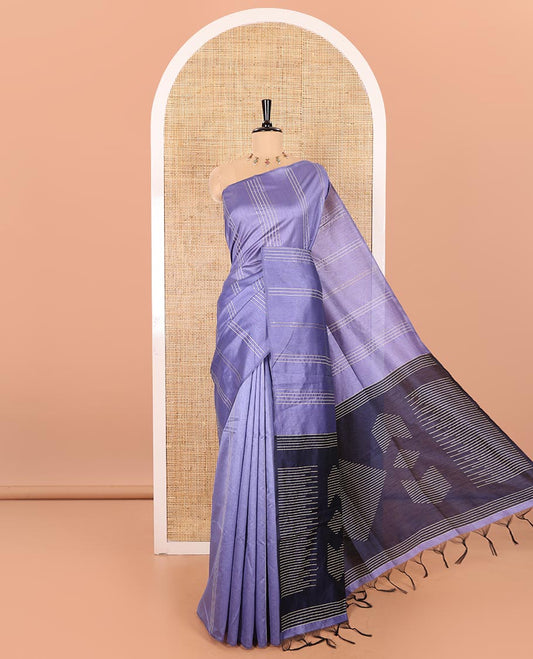 Borderless Lavender Semi-Raw Silk Saree Featuring Elegant Vertical Sequin Stripes Running Across the Body, Complemented by a Contrast Thread-Work Pallu and Paired with a Contrast Blouse