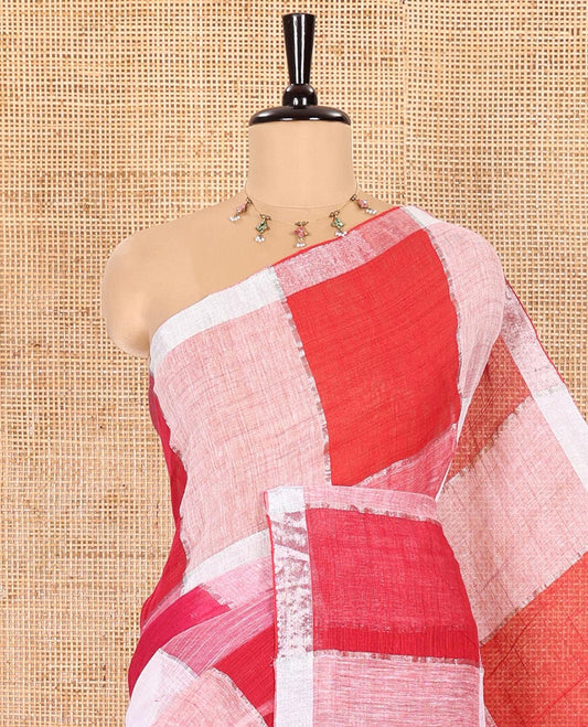 Red and Pink Zari Checked Khadi Linen Saree, Subtly Woven Silver Zari Piping Border, Checked Self-Pallu, and Paired with a Matching Blouse