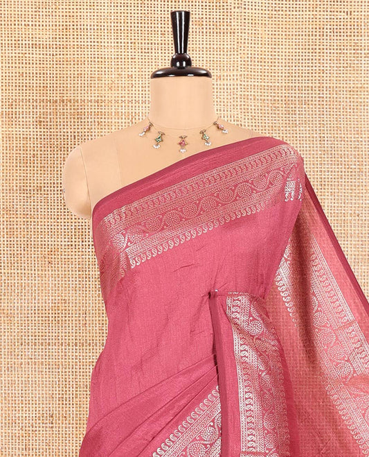 Pink Plain Vichitra Silk Saree Subtly Sparked with Self-Border Featuring Traditional Designs, Plain Pallu, and Comes Without Blouse
