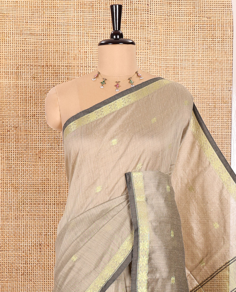 Light Brown Kota Cotton Saree Enthralled with Star-Style Zari Motifs All Over Its Body, Complemented by a Self-Border of Star Motifs, a Captivating Contrast Pallu of the Same Star Motifs, and a Contrast Blouse