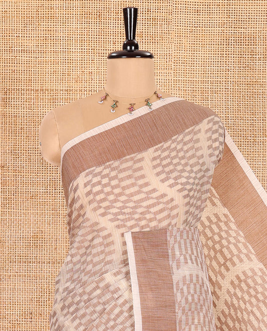 Chikku and Coffee Kota Cotton Saree Subtly Woven with Zig-Zag Checks in Thread, Subtly Sparkled Contrast Bavanji Border, Plain Pallu, and Paired with a Matching Blouse