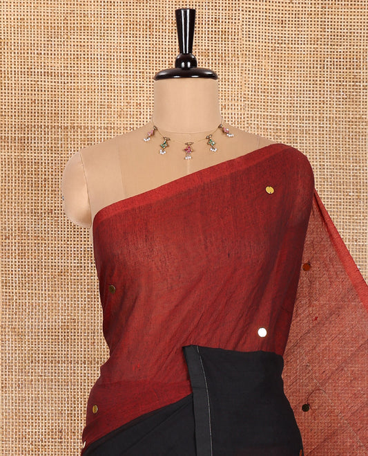 Black and Red Khadi Mul Cotton Saree, Prettified with Double-Color Half-And-Half-Style Jamki Work, Complemented by Contrast Zari Border, and Paired with a Matching Blouse