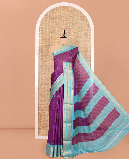 Purple Moss Chiffon Saree, Adorned  with Zari Checks All Over Its Body, Complemented by a Contrast Traditional Zari Design Border, Zari Striped Pallu, and Paired with a Contrast Blouse