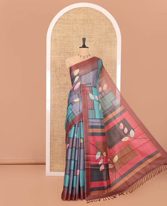 Multi-Color Tissue Saree, Adorned with Geometric Patterns and Leaf Motifs Printed on Its Body, Complemented by a Contrast Plain Border, Pallu of the Same Print, and Paired with a Contrast Blouse
