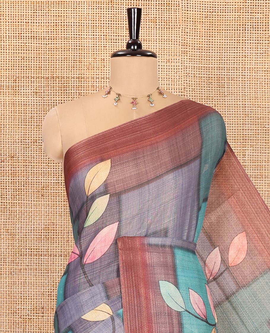 Multi-Color Tissue Saree, Adorned with Geometric Patterns and Leaf Motifs Printed on Its Body, Complemented by a Contrast Plain Border, Pallu of the Same Print, and Paired with a Contrast Blouse