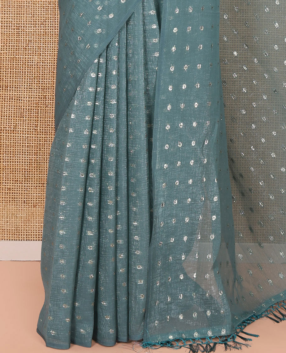 Borderless Blue Shimmer Saree, Subtly Sparkled with Zari Buttas All Over Its Body, Pallu Mirrors the Same Buttas, and Comes Without a Blouse