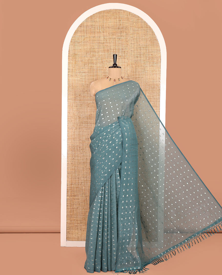 Borderless Blue Shimmer Saree, Subtly Sparkled with Zari Buttas All Over Its Body, Pallu Mirrors the Same Buttas, and Comes Without a Blouse