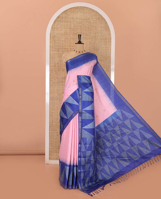 Pink and Blue Semi-Tussar Saree, Subtly Sparkled with Stripes, Temple Motifs, and Circle Motifs on Its Body, Complemented by a Contrast Border, and Pallu of Geometric Print, and Paired with a Contrast Blouse