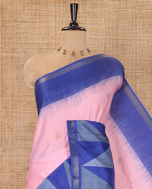 Pink and Blue Semi-Tussar Saree, Subtly Sparkled with Stripes, Temple Motifs, and Circle Motifs on Its Body, Complemented by a Contrast Border, and Pallu of Geometric Print, and Paired with a Contrast Blouse