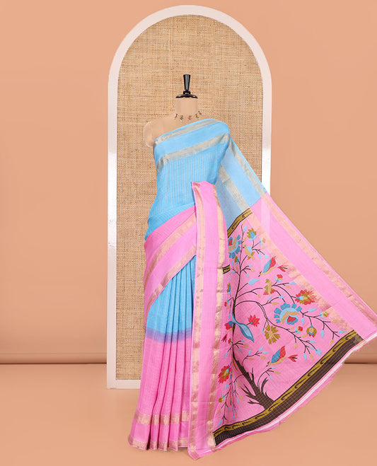 Blue and Pink Moss Chiffon Saree, Detailed with Zari Micro-Checked Design on Its Body, Complemented by Zari Traditional Design Rettai Pettu Border, Pallu Features Tree and Bird Designs, and Paired with a Contrast Blouse