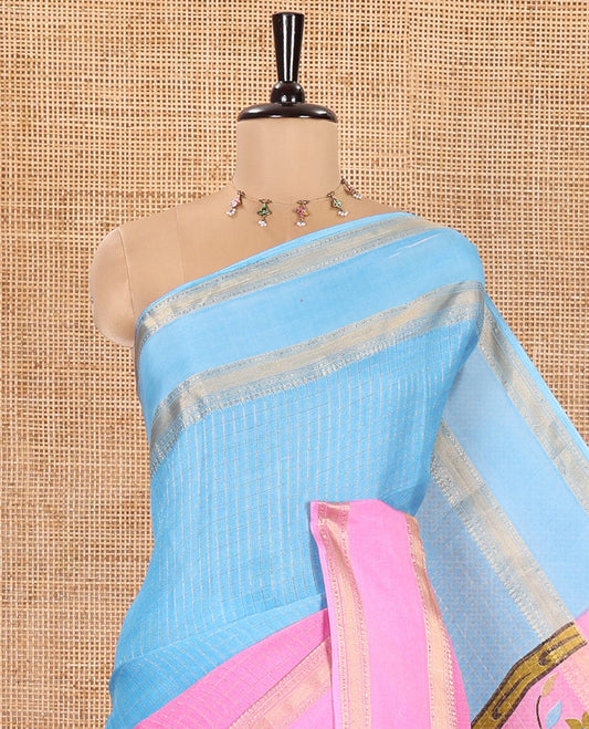 Blue and Pink Moss Chiffon Saree, Detailed with Zari Micro-Checked Design on Its Body, Complemented by Zari Traditional Design Rettai Pettu Border, Pallu Features Tree and Bird Designs, and Paired with a Contrast Blouse