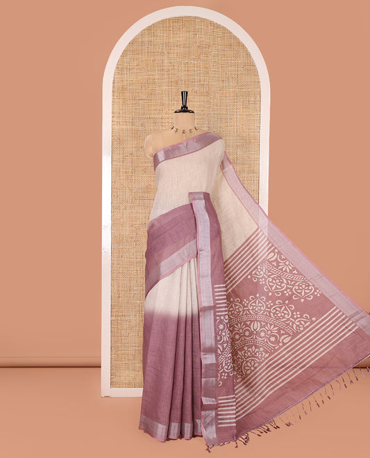 Cream and Purple Plain Linen Cotton Saree, Subtly Ombre-Style Dual-Color Dye on Its Body, Subtle Bavanji Zari Border, Pallu Features Rangoli-Style Patterns Print, and Paired with a Polka Dots Printed Blouse