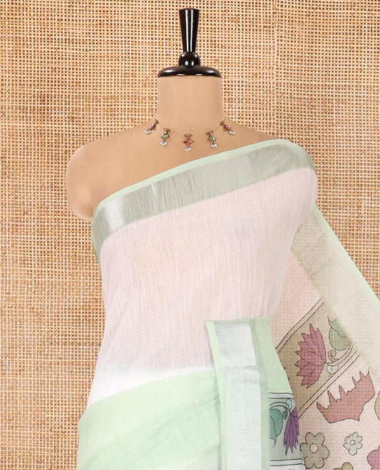 Cream and Green Linen Cotton Saree, Beautified with Ombre-Style Double-Color Print, Highlighted by Contrast Zari Bavanji Border, Pallu Pictures Floral Prints, and Paired with a Floral Printed Blouse
