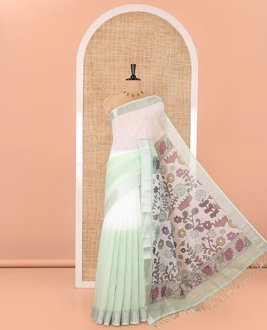Cream and Green Linen Cotton Saree, Beautified with Ombre-Style Double-Color Print, Highlighted by Contrast Zari Bavanji Border, Pallu Pictures Floral Prints, and Paired with a Floral Printed Blouse