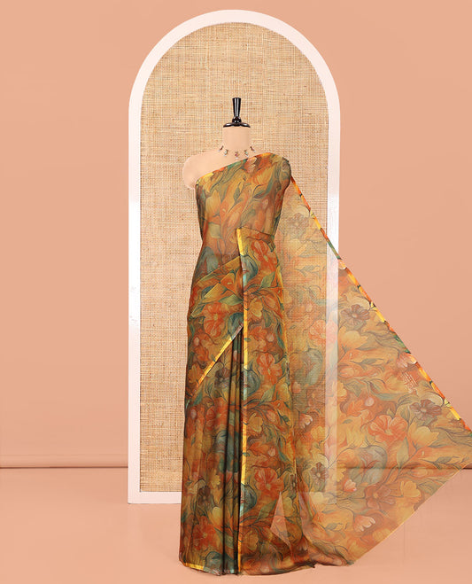 Borderless Mustard Light-Weight Chiffon Saree, Beautifully Bedecked with Floral Print on Its Body, a Self-Pallu, and Comes Without a Blouse