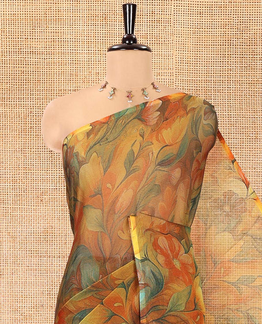 Borderless Mustard Light-Weight Chiffon Saree, Beautifully Bedecked with Floral Print on Its Body, a Self-Pallu, and Comes Without a Blouse