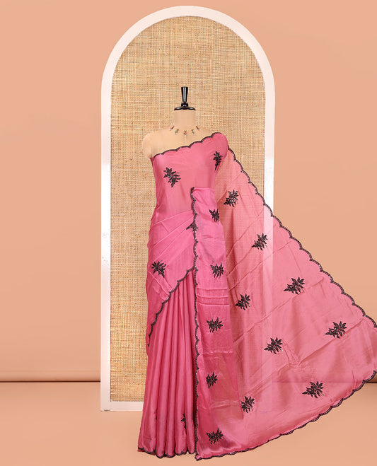 Pink Rangoli Chiffon Saree, Finely Crafted with Floral Embroidery Motifs on Its Body, Scallop Embroidered Border, Embroidered Pallu, and Paired with a Contrast Blouse