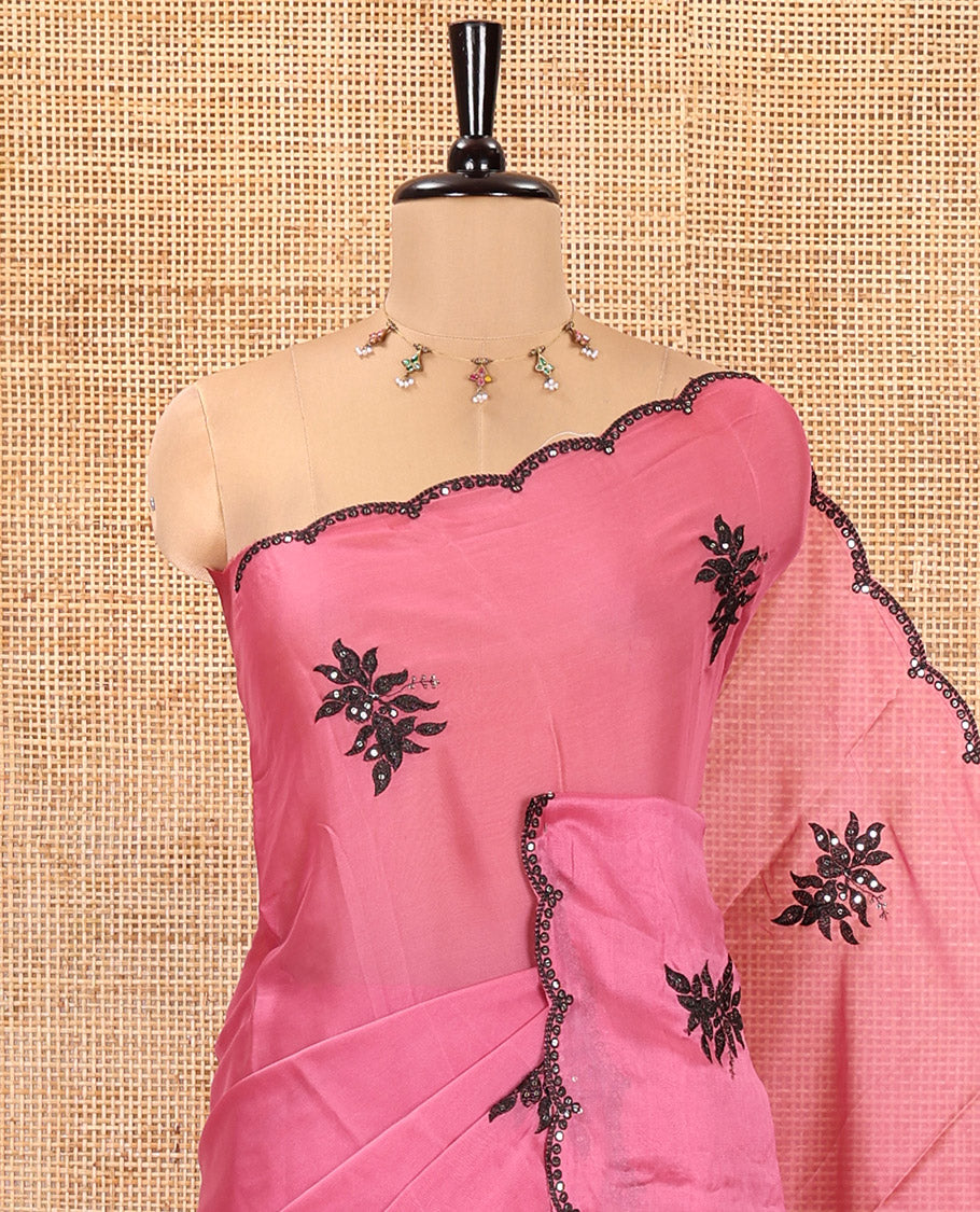 Pink Rangoli Chiffon Saree, Finely Crafted with Floral Embroidery Motifs on Its Body, Scallop Embroidered Border, Embroidered Pallu, and Paired with a Contrast Blouse