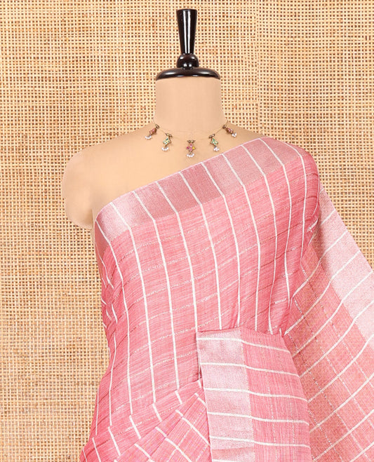 Dusky Pink Jute Linen Cotton Saree, Adorned with Checked Design on Its Body, a Subtle Self-Border, Striped Pallu, and Paired with a Matching Thread Embroidered Blouse