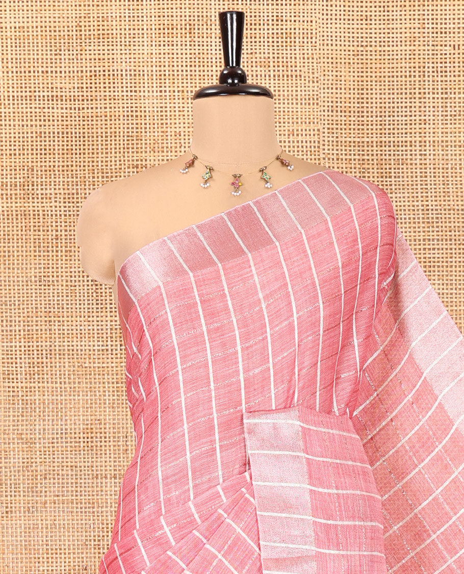 Dusky Pink Jute Linen Cotton Saree, Adorned with Checked Design on Its Body, a Subtle Self-Border, Striped Pallu, and Paired with a Matching Thread Embroidered Blouse