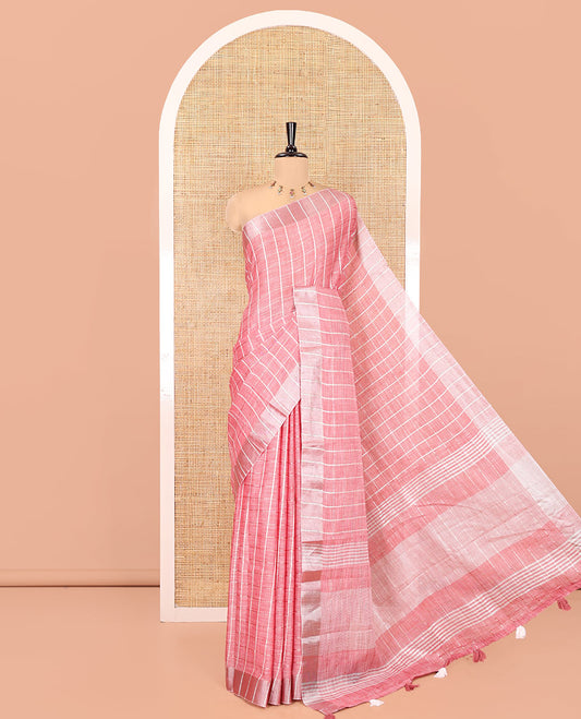 Dusky Pink Jute Linen Cotton Saree, Adorned with Checked Design on Its Body, a Subtle Self-Border, Striped Pallu, and Paired with a Matching Thread Embroidered Blouse