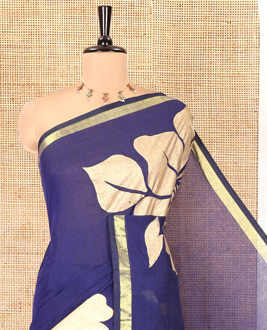 Borderless Navy Blue Khadi Mul Cotton Saree, Elevated with Big Floral Motifs on Its Body, a Self-Pallu, and Paired with a Matching Blouse