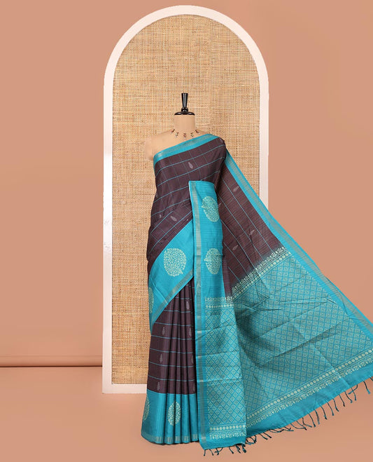 Black Katan Silk Saree, Accentuated with Butta Enclosed Checks on Its Body, Complemented by a Contrast Border of Tree Motifs, Jaal Pallu, and Paired with a Contrast Blouse
