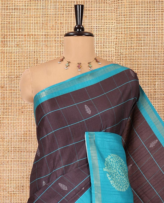 Black Katan Silk Saree, Accentuated with Butta Enclosed Checks on Its Body, Complemented by a Contrast Border of Tree Motifs, Jaal Pallu, and Paired with a Contrast Blouse