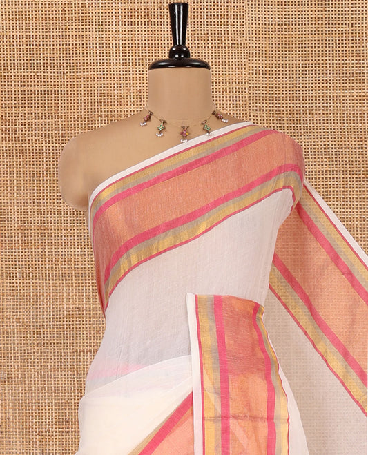 Cream Plain Khadi Mul Cotton Saree, Complemented by Contrast Pink Border, a Self-Pallu, and Has No Blouse