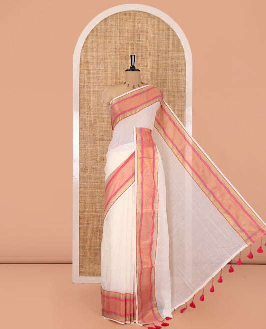 Cream Plain Khadi Mul Cotton Saree, Complemented by Contrast Pink Border, a Self-Pallu, and Has No Blouse