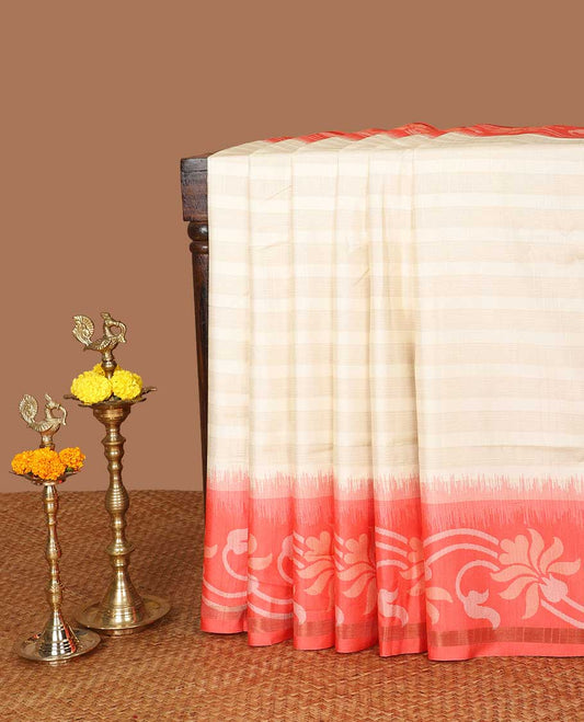 Cream with Orange cross striped kathan silk saree with floral digital printed border & floral printed pallu along with printed blouse