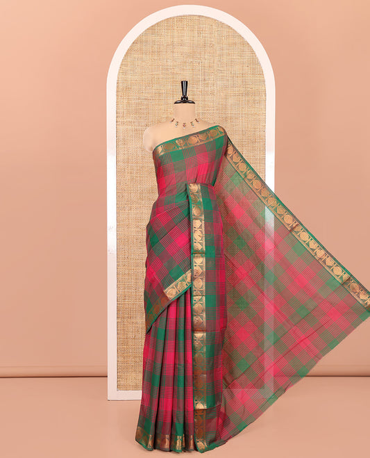 Green-Pink Chettinad Cotton Saree, Elevated with Checks, Zari Border of House Motifs, and Matching Blouse