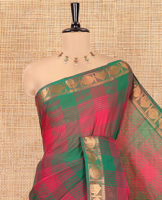 Green-Pink Chettinad Cotton Saree, Elevated with Checks, Zari Border of House Motifs, and Matching Blouse