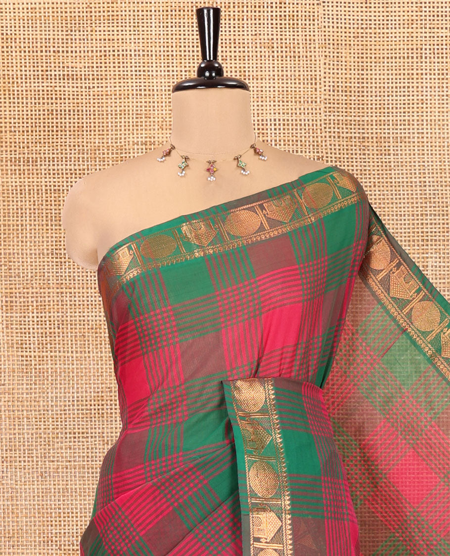 Green-Pink Chettinad Cotton Saree, Elevated with Checks, Zari Border of House Motifs, and Matching Blouse