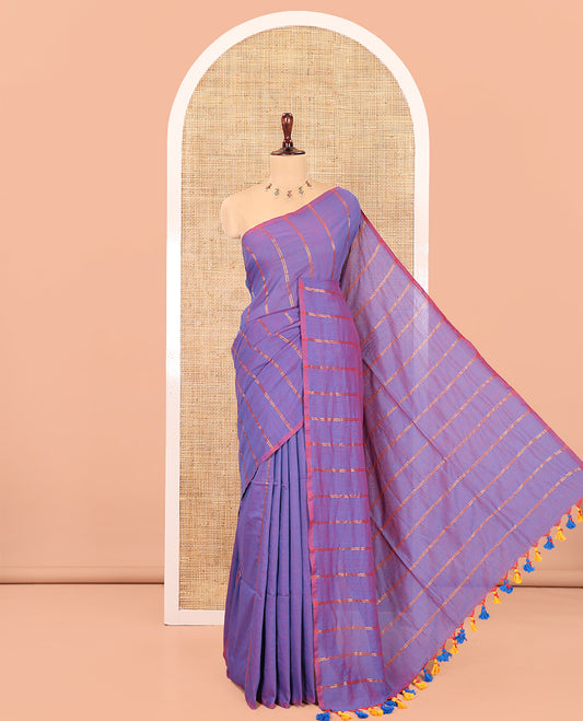 Borderless Blue Khadi Cotton Saree Features Double Stripes, a Self-Pallu of Tassels, and a Matching Blouse