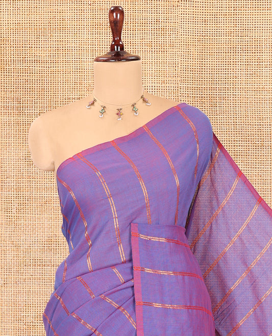 Borderless Blue Khadi Cotton Saree Features Double Stripes, a Self-Pallu of Tassels, and a Matching Blouse