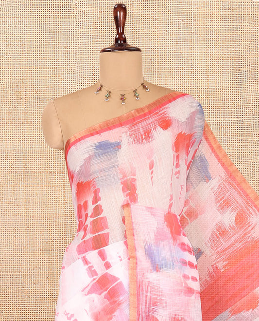 White-Pink Linen Cotton Saree, Decked Up with Shibori Print, a Piping Border, Shibori-Printed Pallu, and a Contrast Blouse