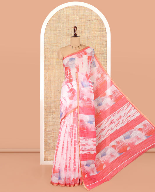 White-Pink Linen Cotton Saree, Decked Up with Shibori Print, a Piping Border, Shibori-Printed Pallu, and a Contrast Blouse