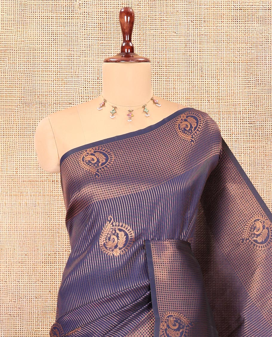 Navy Blue Art Kanchi Silk Saree, Adorned with Vaira Oosi and Zari Buttas, a Traditional Zari Border, Contrast Jaal Pallu, and a Contrast Blouse