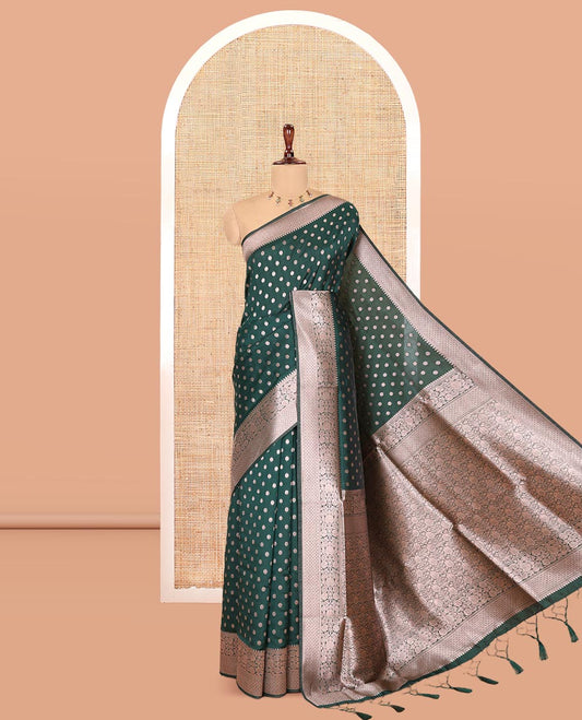 Green Elite Soft Silk Saree, Elevated with Rudraksham Zari Buttas, Traditional Zari Border, Rich Pallu, and a Matching Blouse
